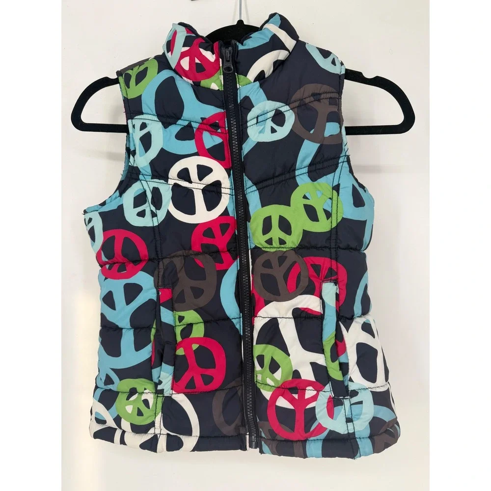 Old Navy Puffer Vest Kids Large 10-12 Navy Blue Excellent Peace Sign Print Zip